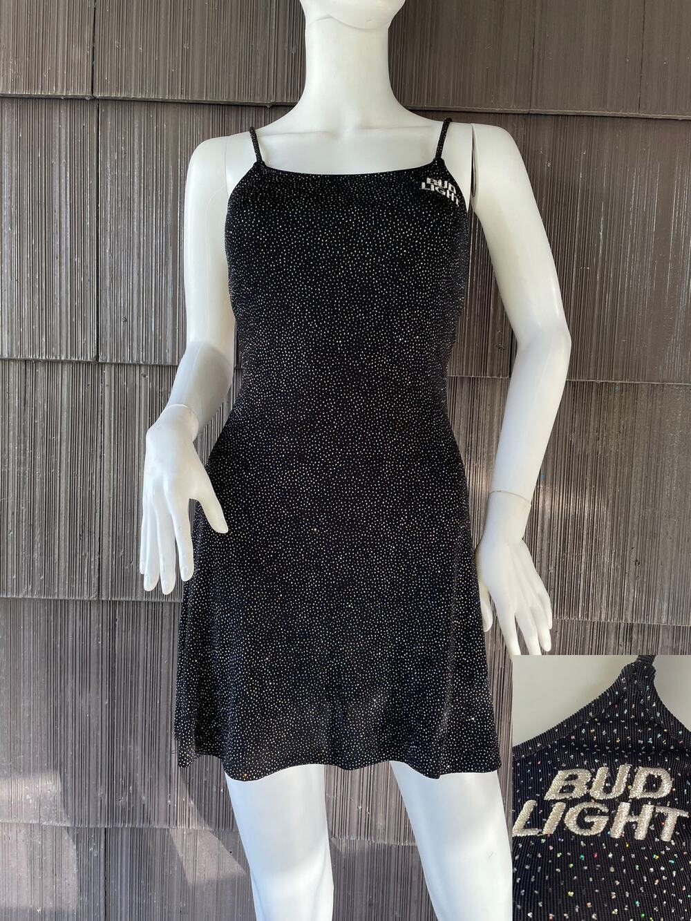 🔥Vintage USA Authentic Anheuser Busch Bud Light  Glitter Black Mini Dress Y2K